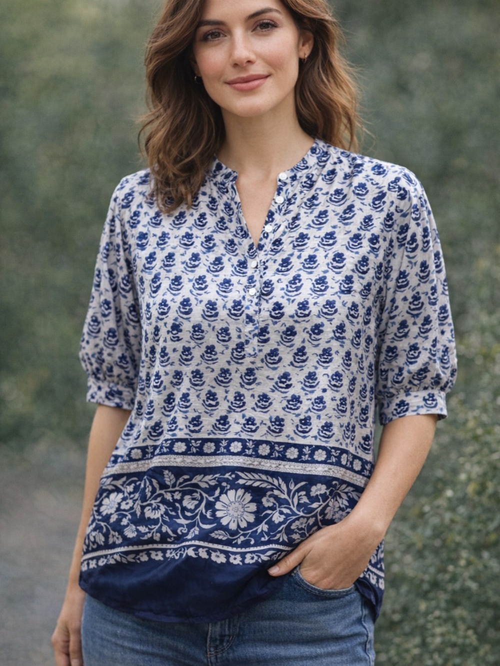 Lucky Brand Blue Floral Silk Button-Up Top